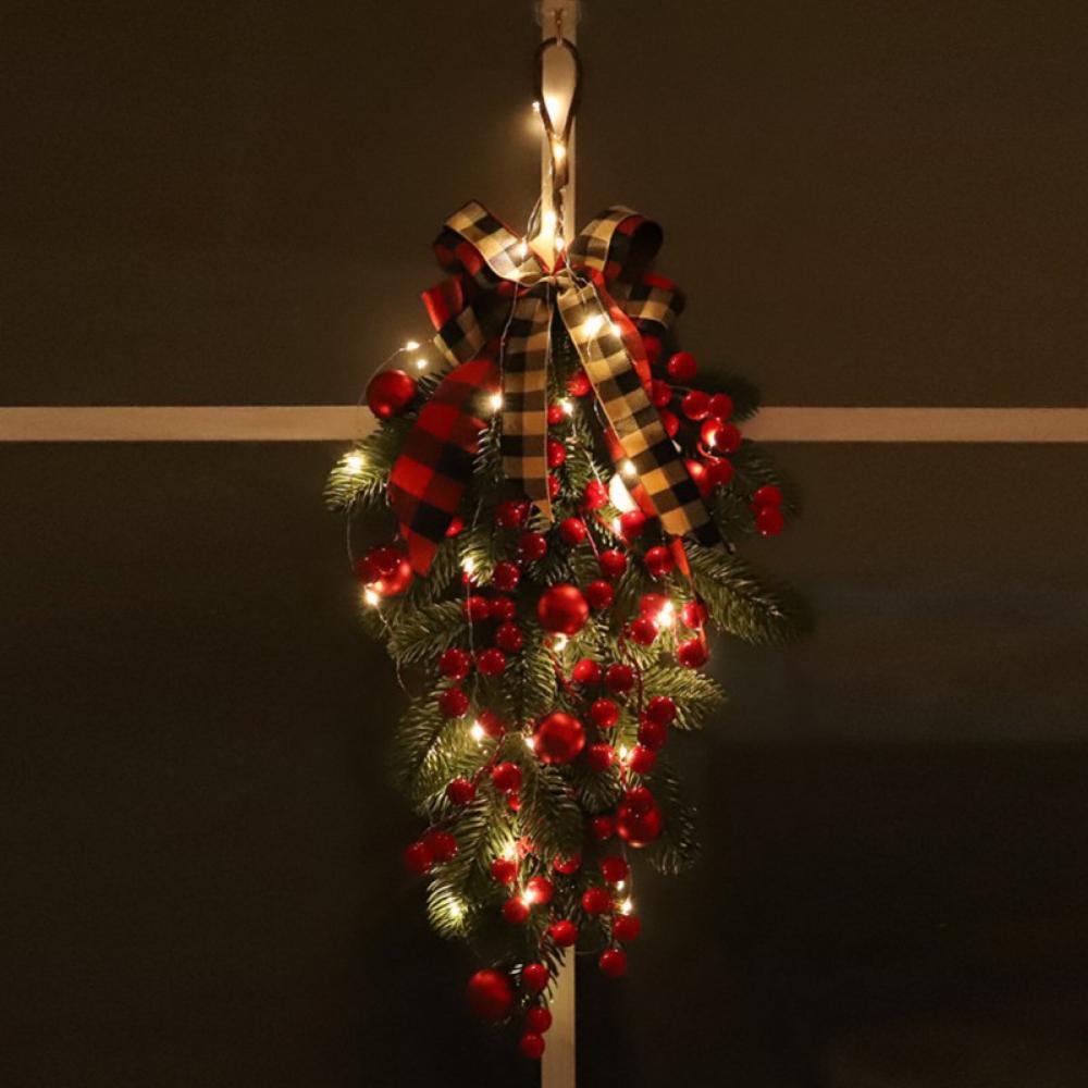 Christmas Teardrop Swag with Light,Artificial Door Swag Red Berry Pine Cone Wreath with Buffalo Plaid Bow for Front Door Wall Windows Holiday Farmhouse Decor